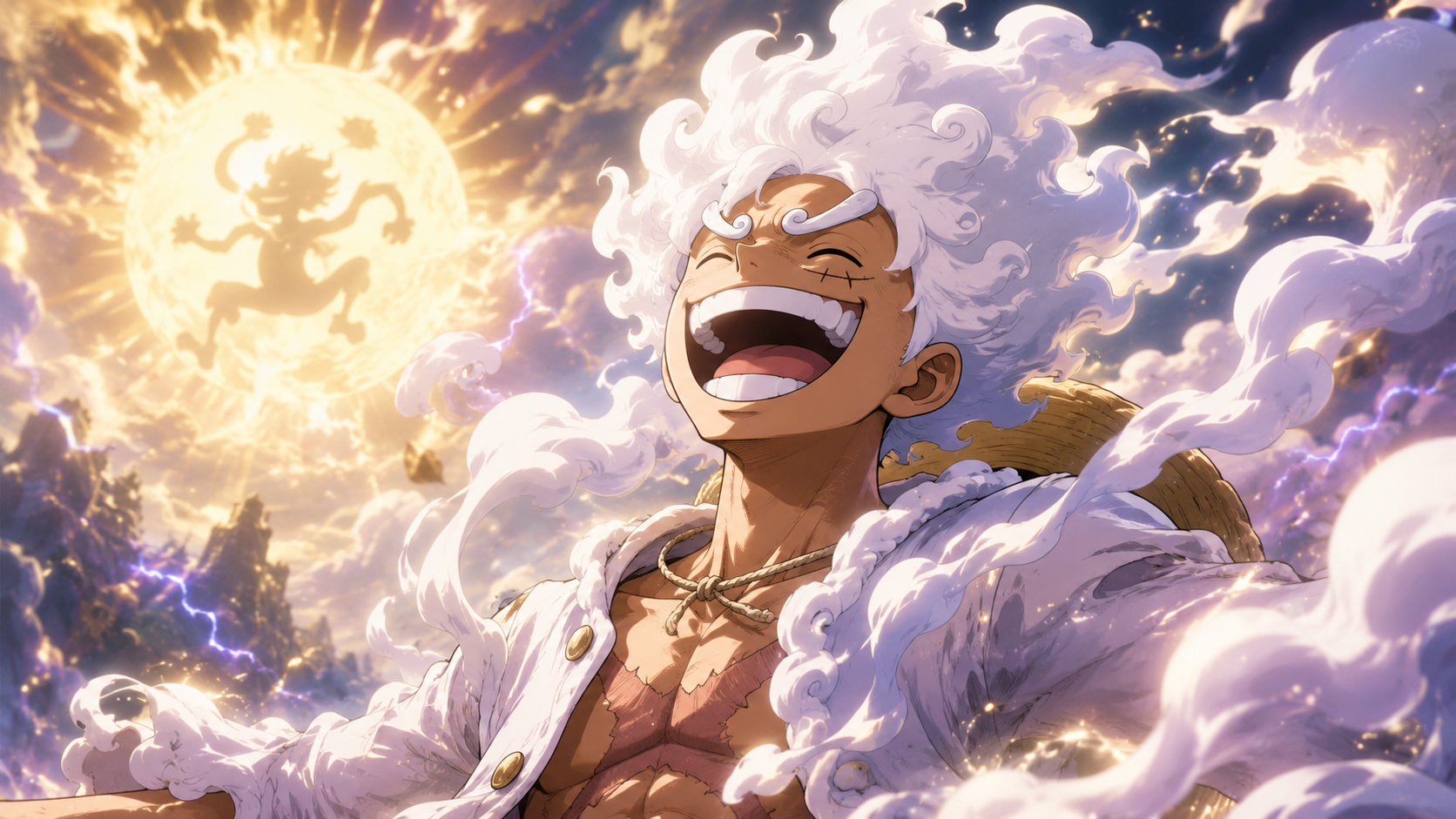 Luffy em Gear 5 representando o poder da Hito Hito no Mi Modelo Nika