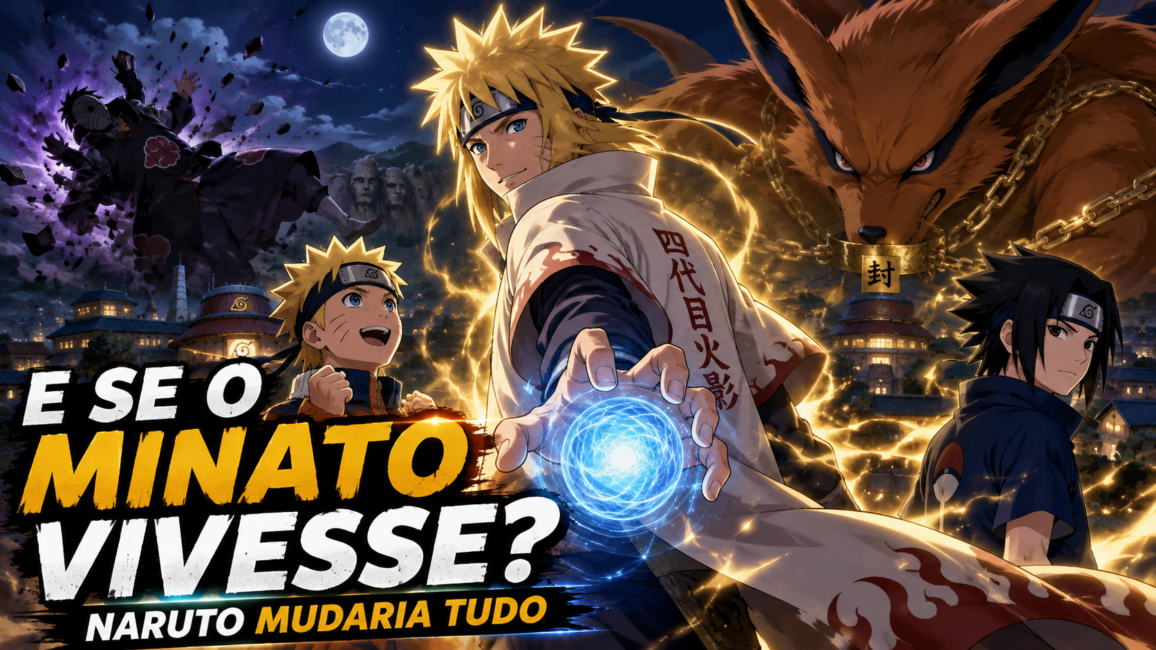 Minato Namikaze e Naruto em cenário imaginando como seria a história se Minato tivesse sobrevivido