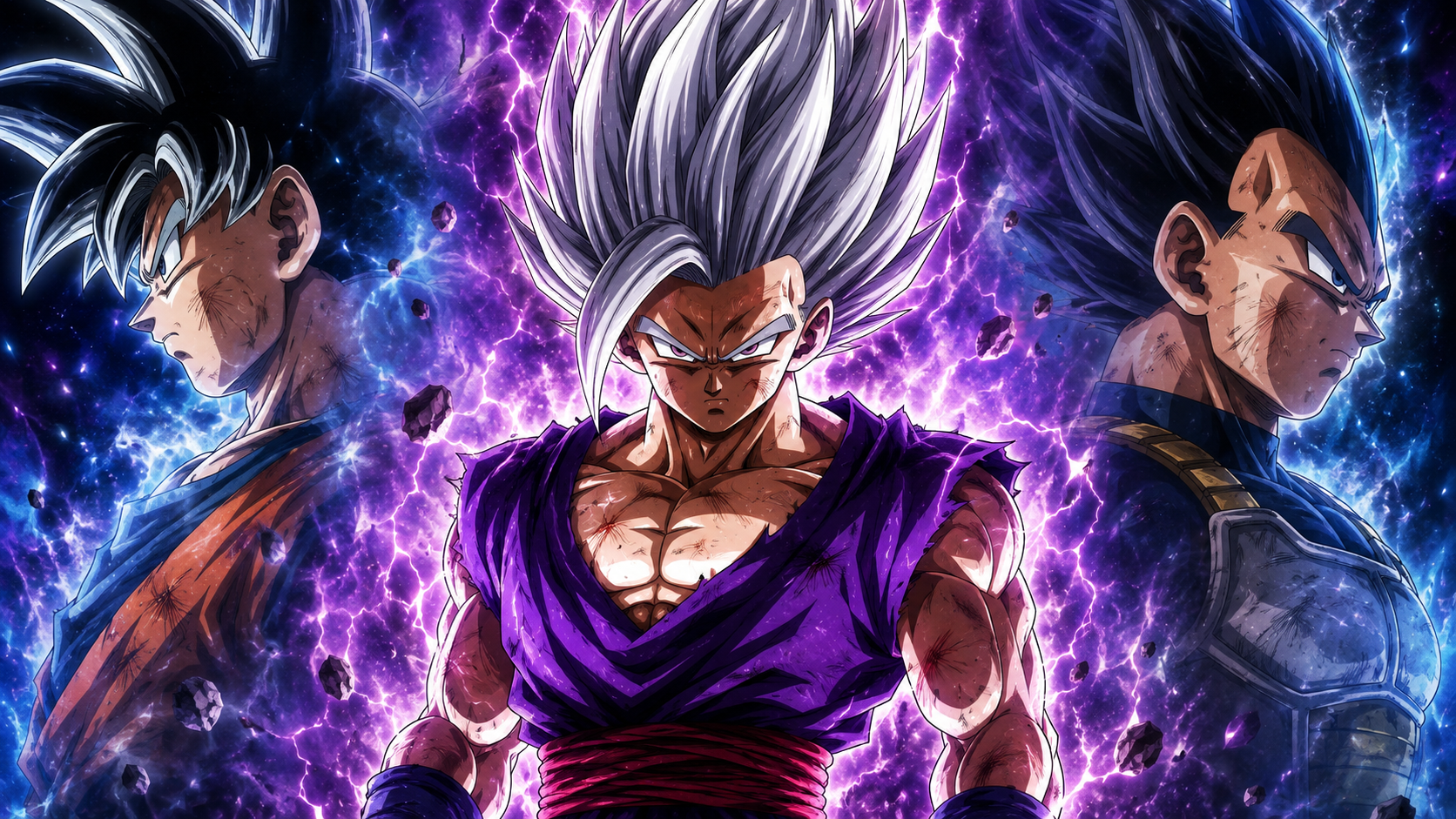 Gohan Beast ao lado de Goku com Instinto Superior e Vegeta representando a disputa entre os guerreiros de Dragon Ball