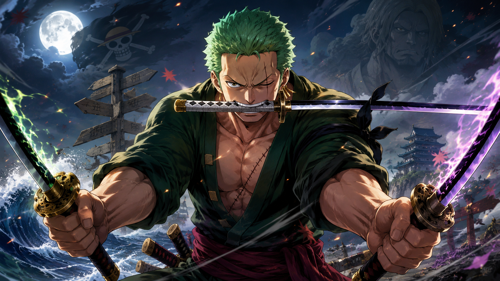 Roronoa Zoro com suas três espadas representando curiosidades sobre o personagem de One Piece