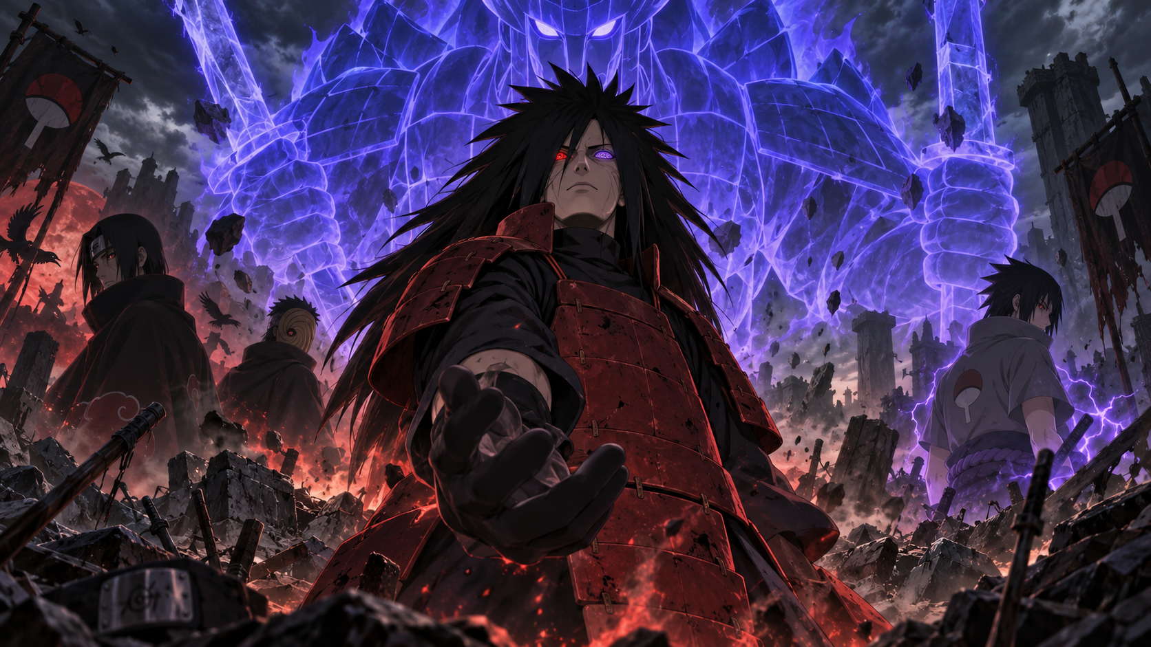 Madara Uchiha em Naruto Shippuden representando seu enorme poder em comparação aos outros Uchihas