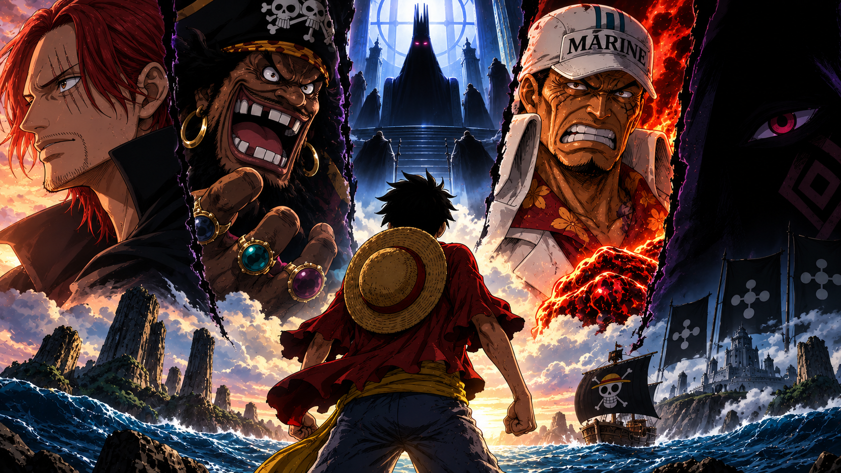 Luffy diante de Barba Negra, Imu, Akainu e Shanks como possíveis adversários finais em One Piece