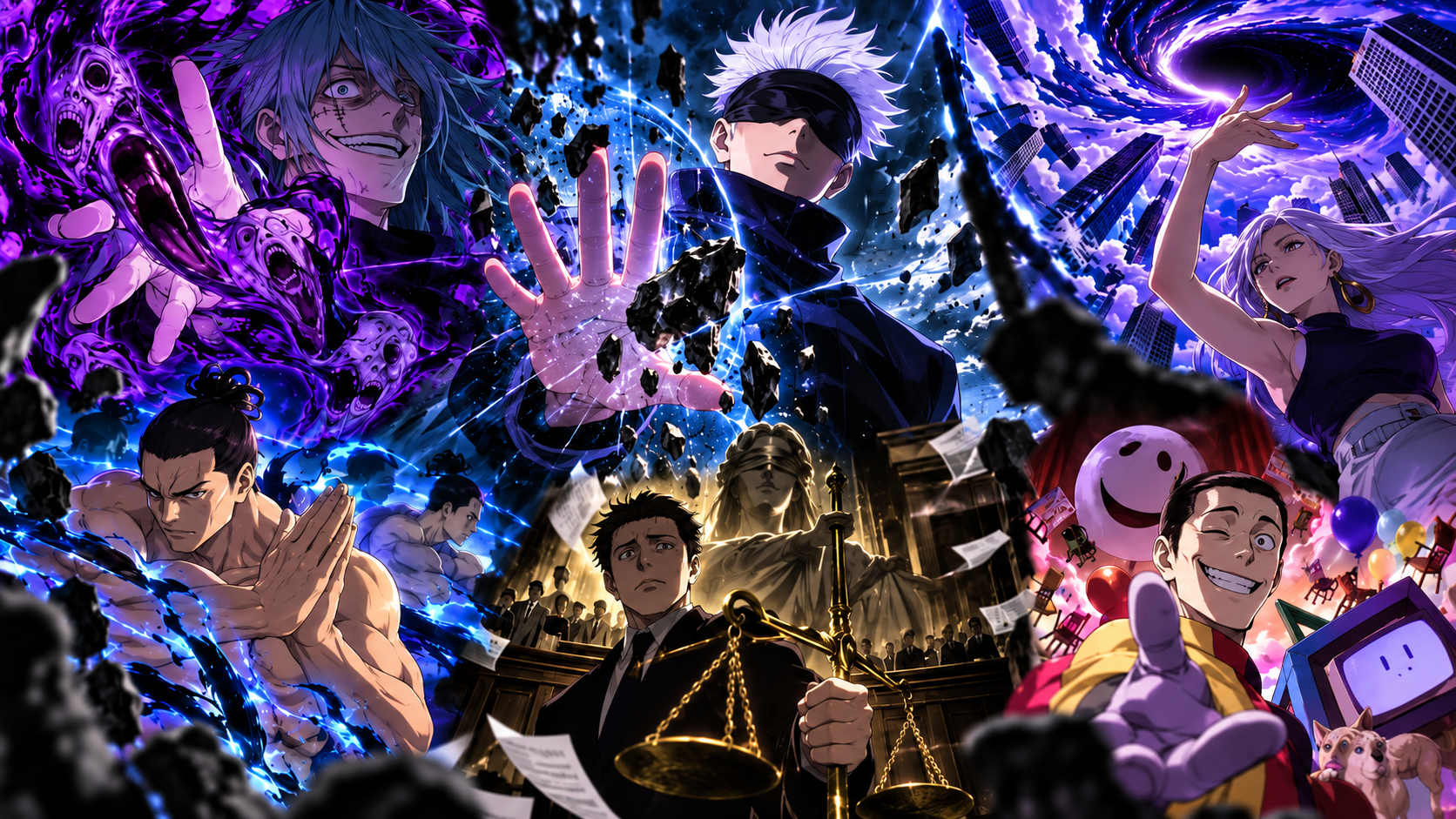 Técnicas perigosas de Jujutsu Kaisen com Gojo, Mahito, Higuruma e Takaba em uma montagem de habilidades amaldiçoadas