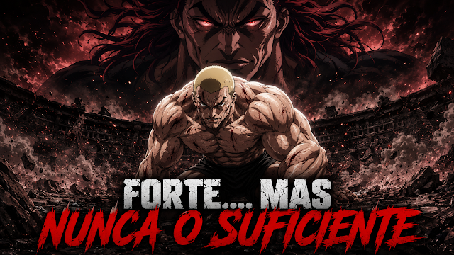 Jack Hanma em destaque com Yujiro Hanma ao fundo, representando sua obsessão por força e a rivalidade em Bak