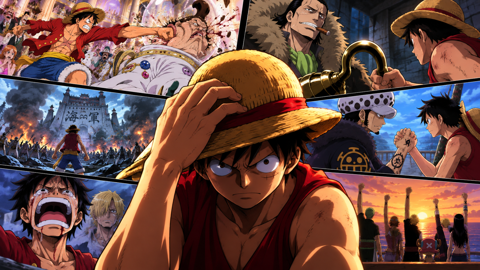 Luffy em destaque cercado por momentos marcantes de One Piece que representam decisões que mudaram sua jornada