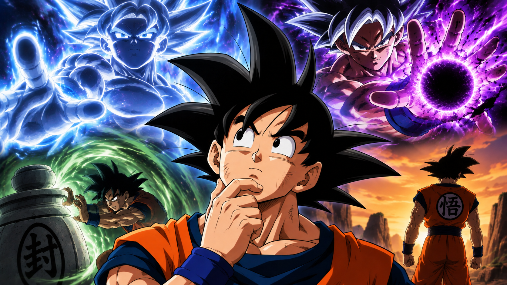 Goku cercado por diferentes técnicas poderosas de Dragon Ball, incluindo Hakai, Kamehameha e Instinto Superior