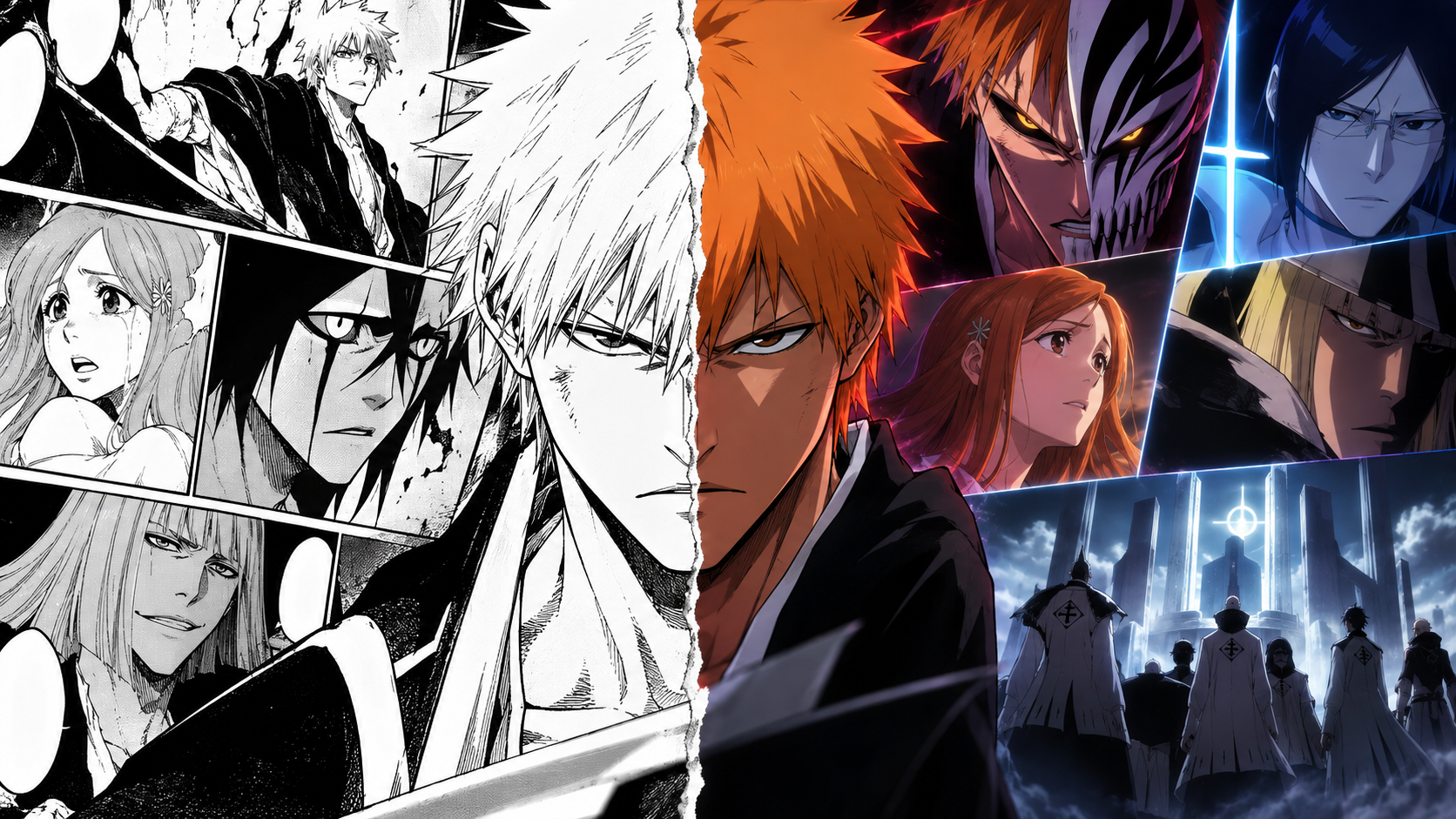 Ichigo e personagens de Bleach em comparação entre o mangá e o anime
