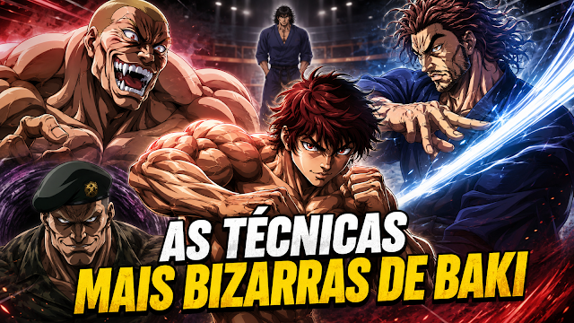 Personagens de Baki representando algumas das técnicas mais bizarras e perigosas da série