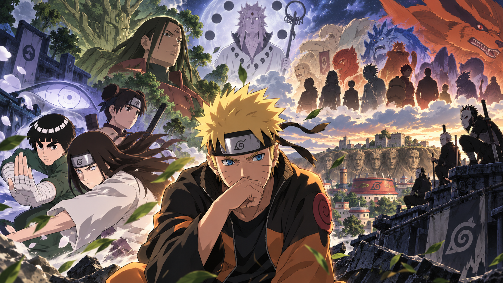 Naruto diante de Konoha cercado por personagens, clãs, Jinchuriki e mistérios que ficaram sem desenvolvimento na história