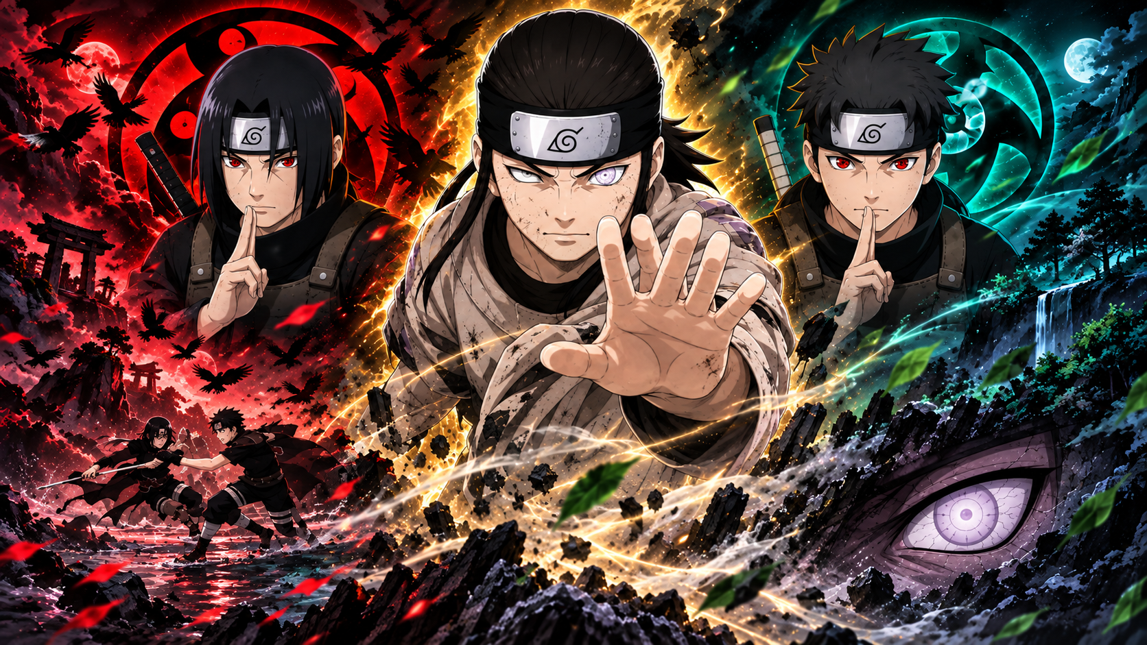 Mukai Kohinata enfrentando Itachi Uchiha e Shisui Uchiha em missão de Itachi Shinden