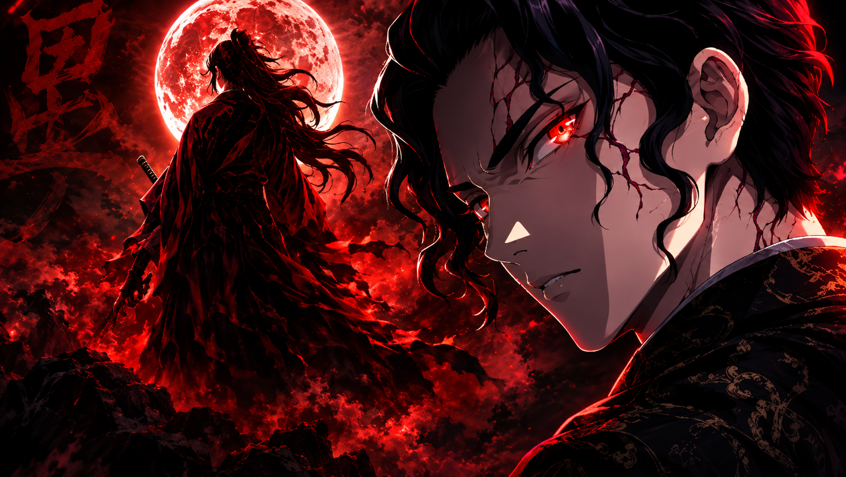 Yoriichi Tsugikuni diante de Muzan Kibutsuji em Demon Slayer