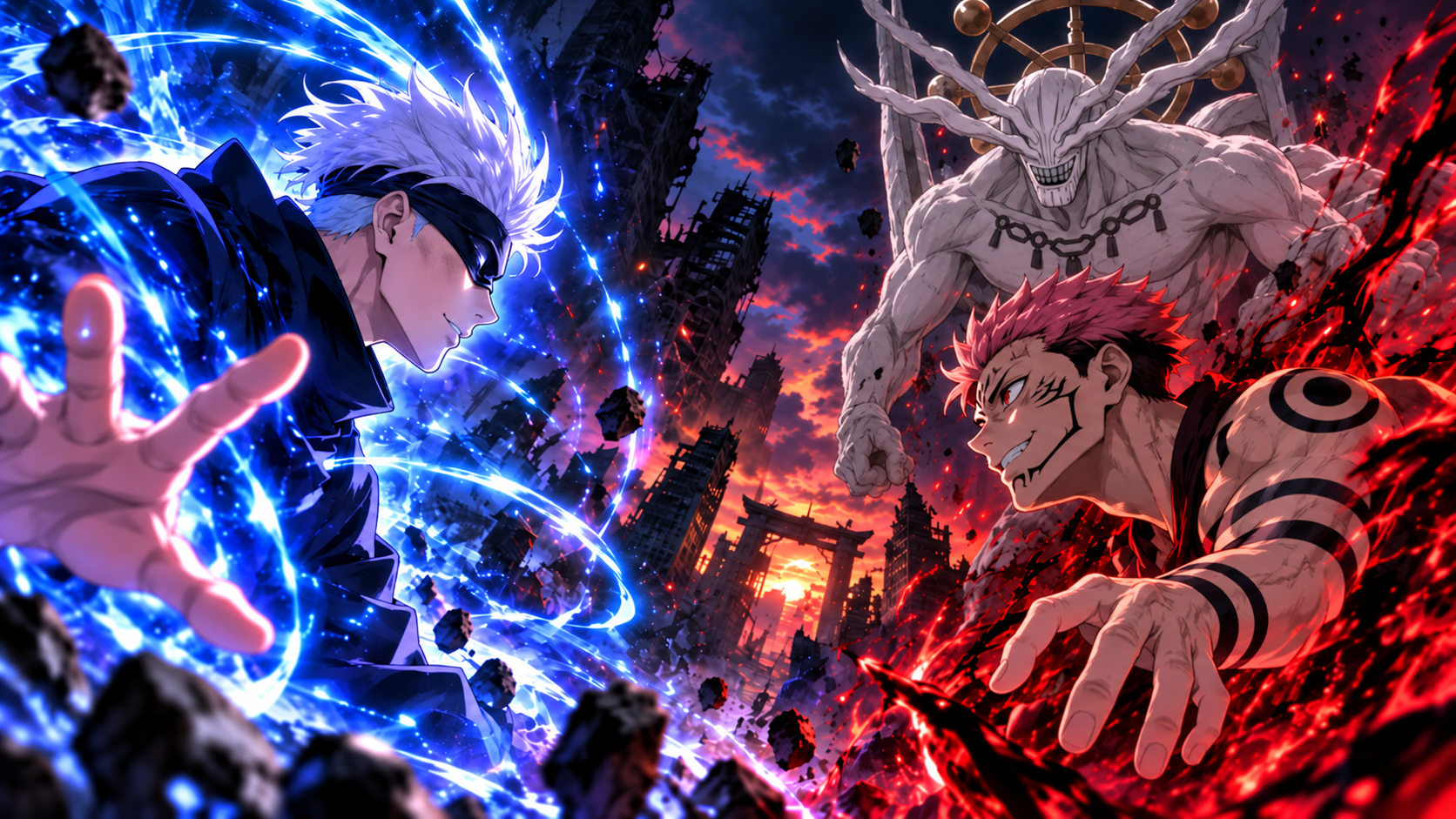 Sukuna e Satoru Gojo frente a frente em Jujutsu Kaisen com Mahoraga ao fundo