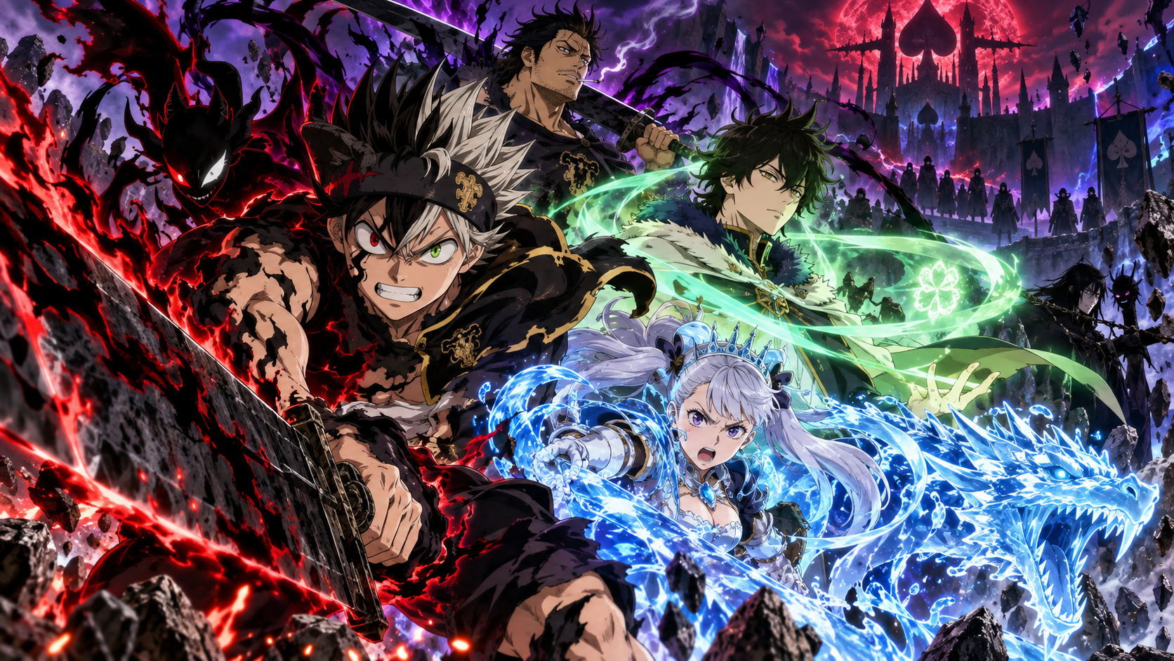Asta, Yuno, Noelle e personagens de Black Clover antes da nova temporada do anime