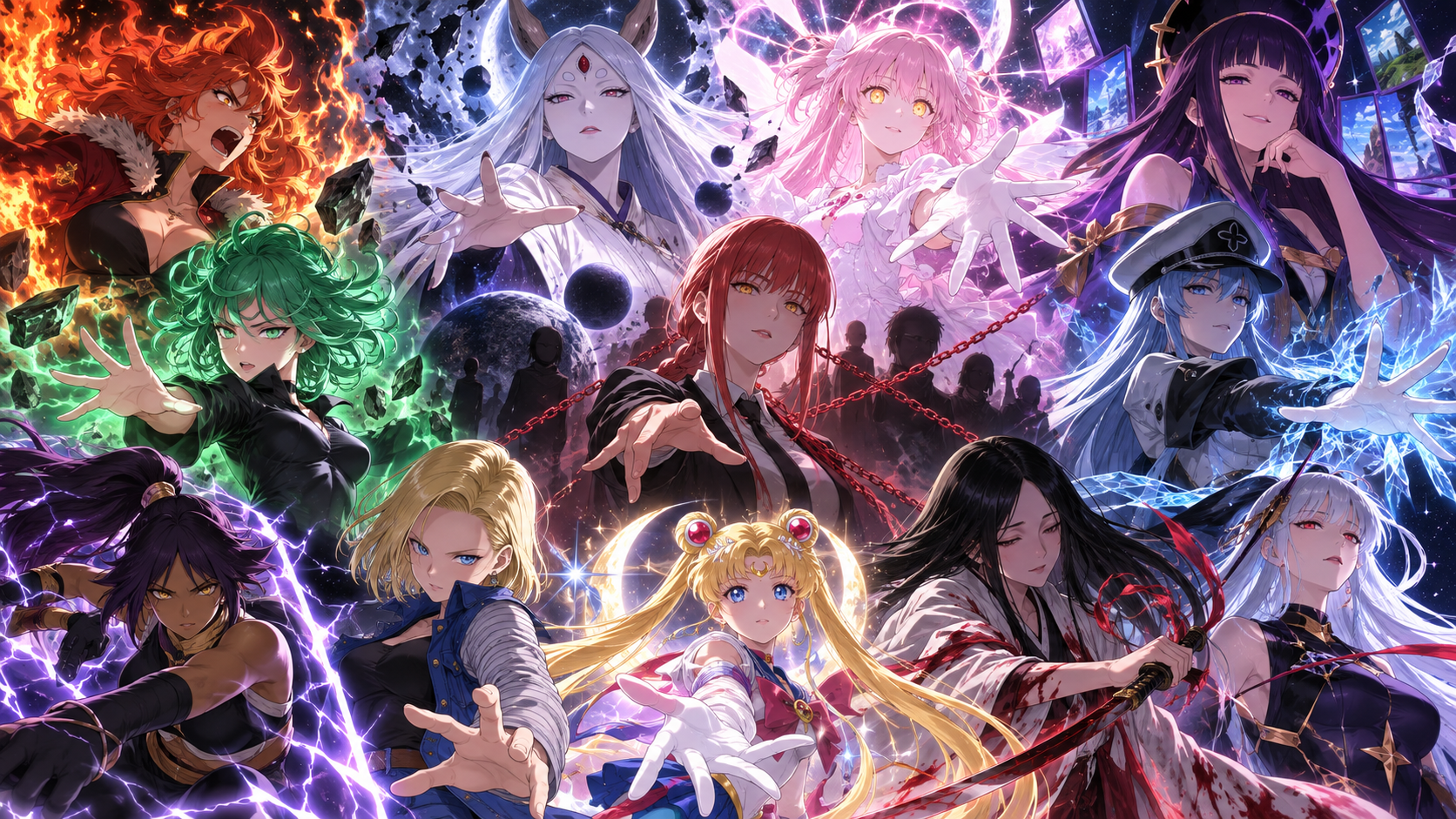 Personagens femininas poderosas dos animes e mangás reunidas em montagem com Madoka, Sailor Moon, Tatsumaki e outras personagens