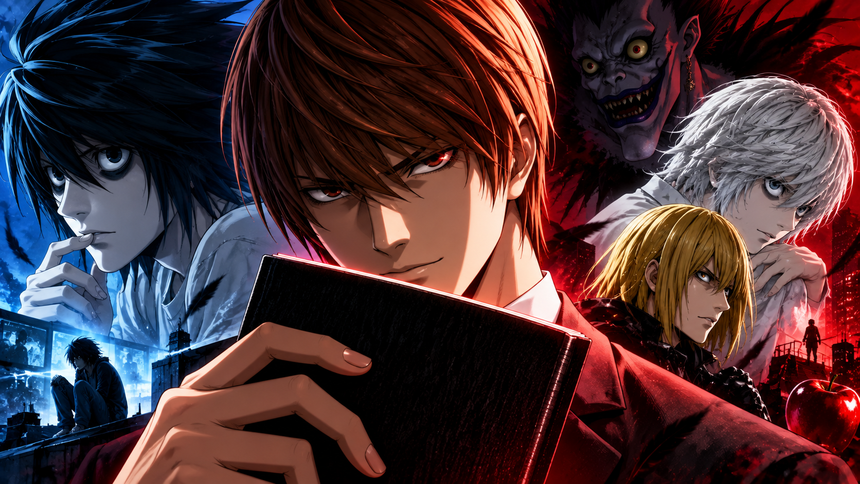 Light Yagami segurando o Death Note durante sua disputa contra L, Near e Mello