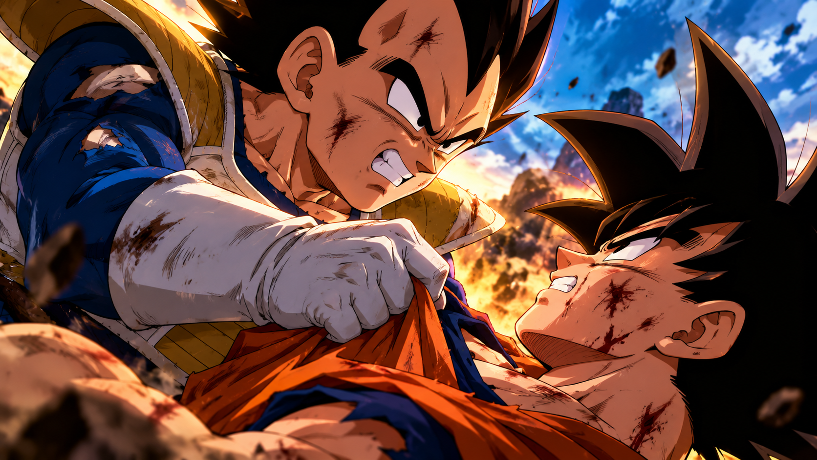 Goku e Vegeta se enfrentando durante a batalha da Saga dos Saiyajins em Dragon Ball Z