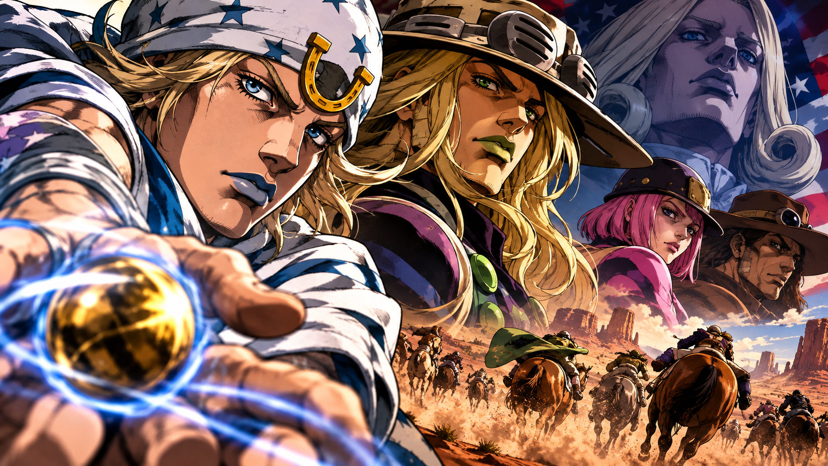 Johnny Joestar e Gyro Zeppeli em destaque durante a corrida de Steel Ball Run pelo deserto.