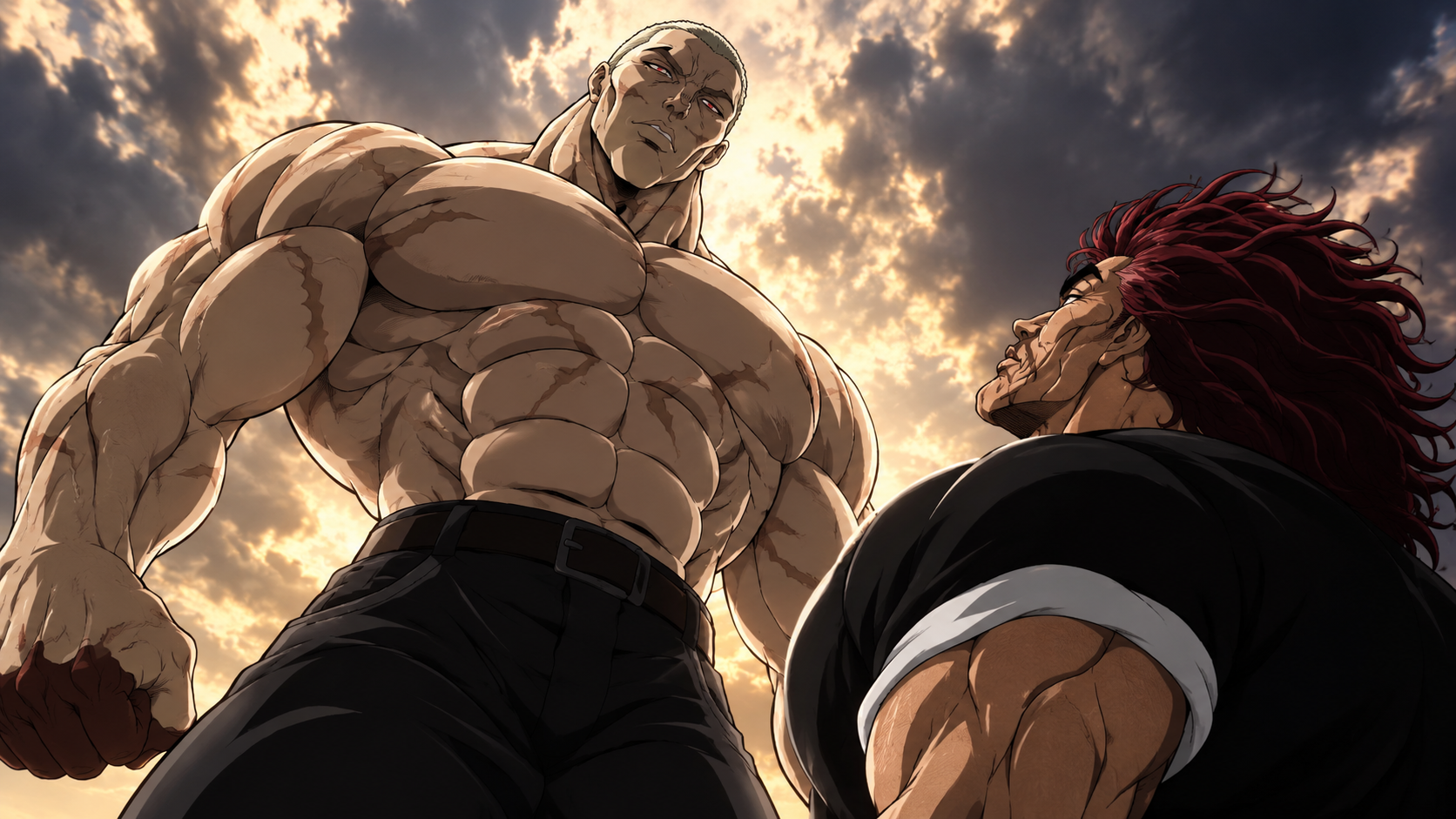 ack Hanma e Yujiro Hanma em uma cena de Baki, representando a evolução do filho mais velho e sua busca por reconhecimento.
